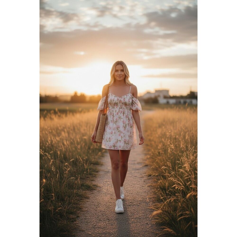 Betsey Johnson XL Floral Baby Doll Dress 100% Polyester Off Shoulder Puff Sleave